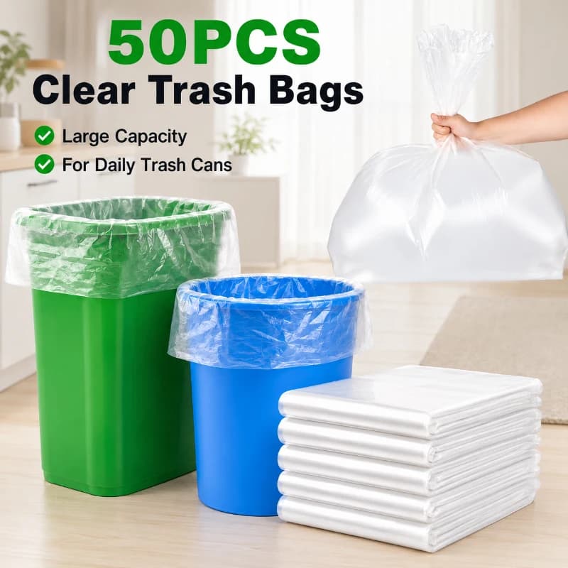 50PCS Clear Trash Bags Large Capacity Garbage Bags Household Disposable Bin Liners for Kitchen Home Office Bathroom Waste Basket