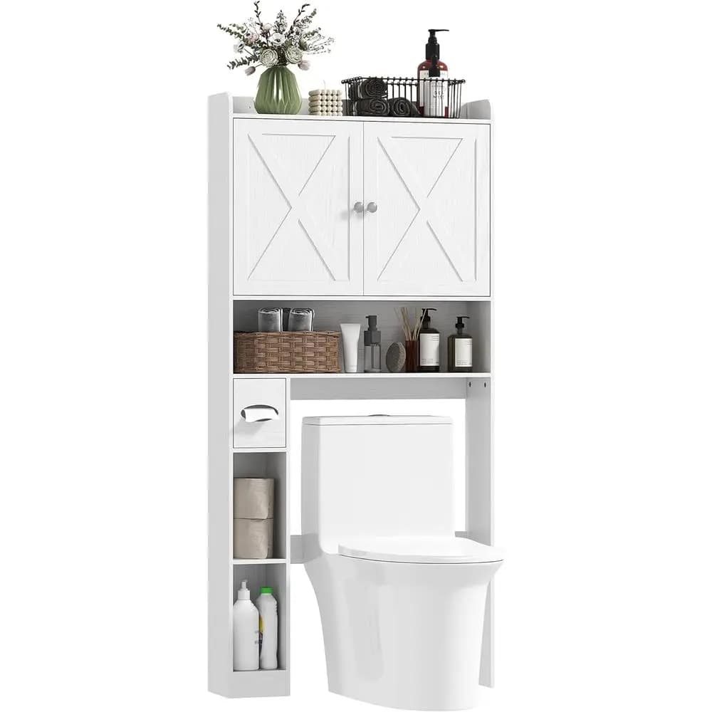 Mobiletto Salvaspazio da Bagno sopra il WC, Stile Porta Scorrevole, Ripiani Regolabili, Porta Carta Igienica, Organizzatore Salvaspazio per Bagno o Lavanderia