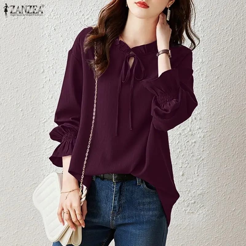 ZANZEA Camicette estive da donna con lacci e volant, scollo a O, maniche lunghe, polsini arricciati, tuniche a tinta unita, effetto stropicciato, Blusas de Mujer