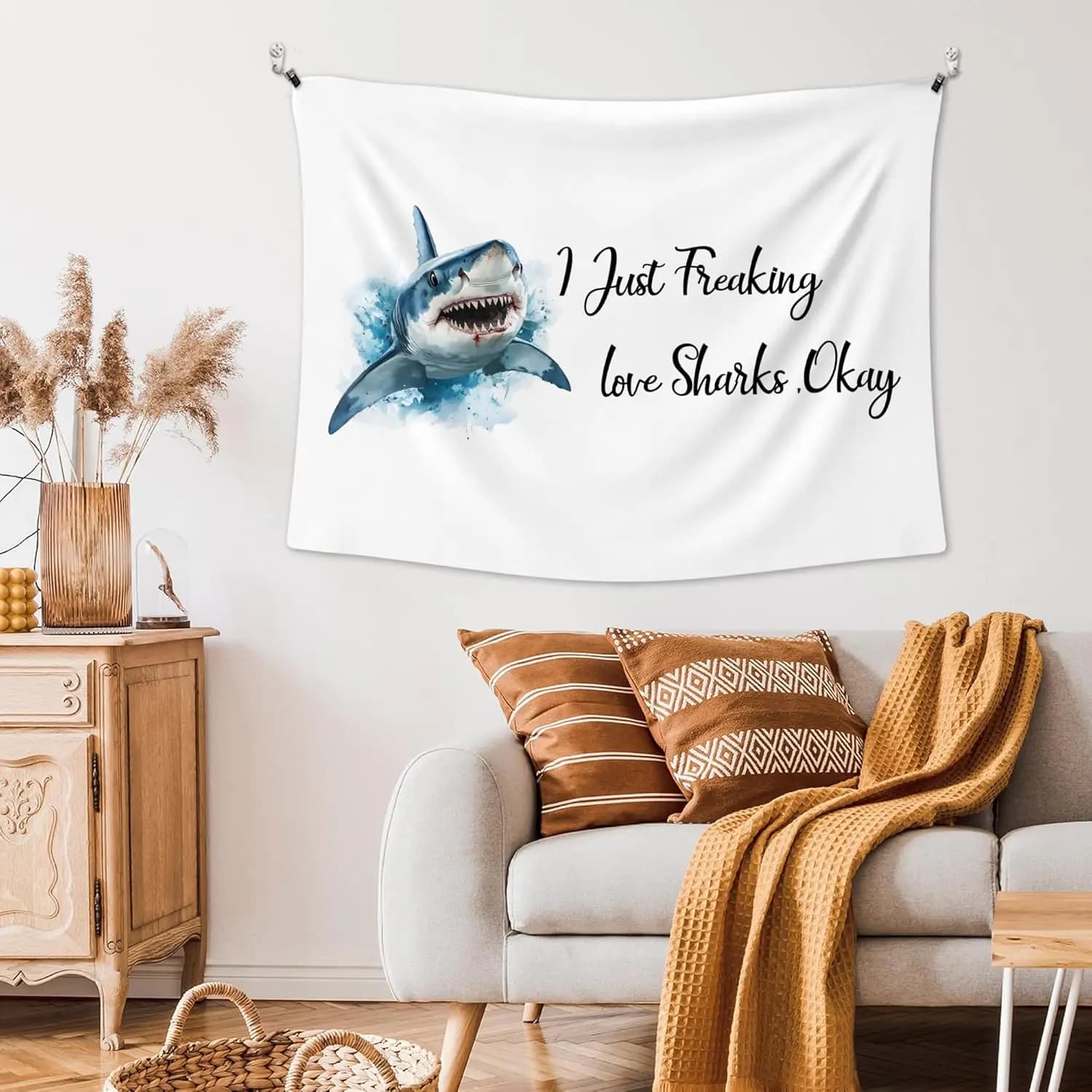 Shark Decor, Coastal Beach Shark Wall Tapestry, Ocean Marine Life Wall Tapestry Hanging for Bedroom, I Just Freaking Love Sharks