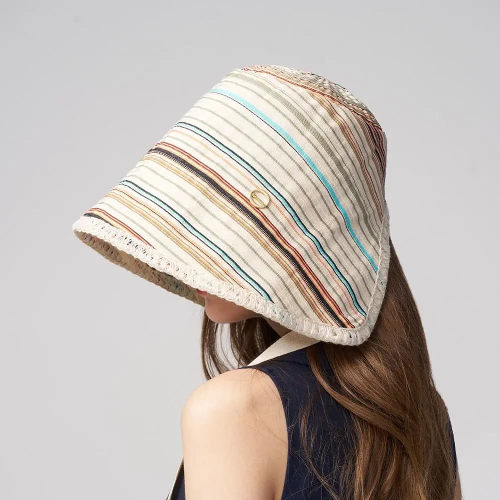 Cappello da Pescatore Portatile da Donna a Righe con Nastro, Tinta Unita, Tesa Larga, Cappello Estivo Parasole in Cotone, Protezione Solare, Visiera, Cappellino da Spiaggia
