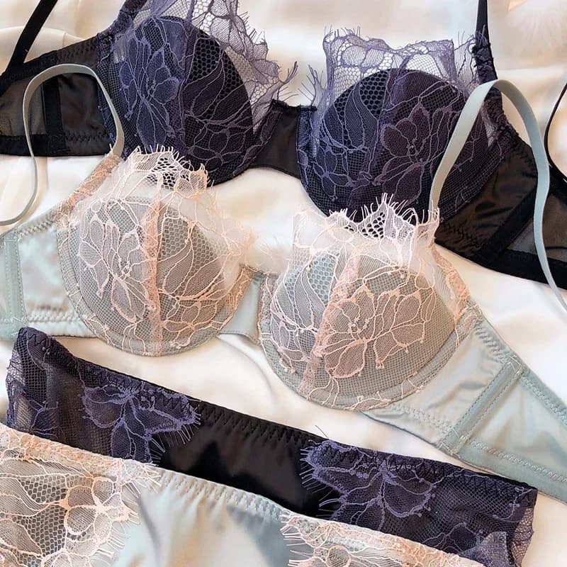 2 pezzi ciglia francesi set di biancheria intima di pizzo per le donne sexy cava 1/2 tazza sottile reggiseno push up cinturino regolabile reggiseno lingerie
