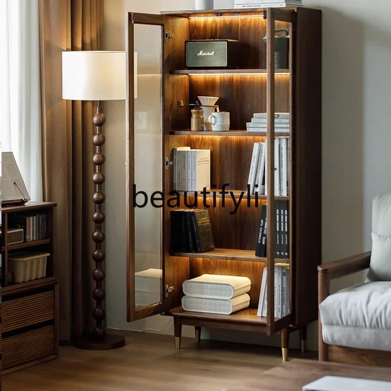 Libreria A50 nordamericana in noce nera, vetrina in vetro combinato interamente in legno massello, vetrina dal pavimento al soffitto