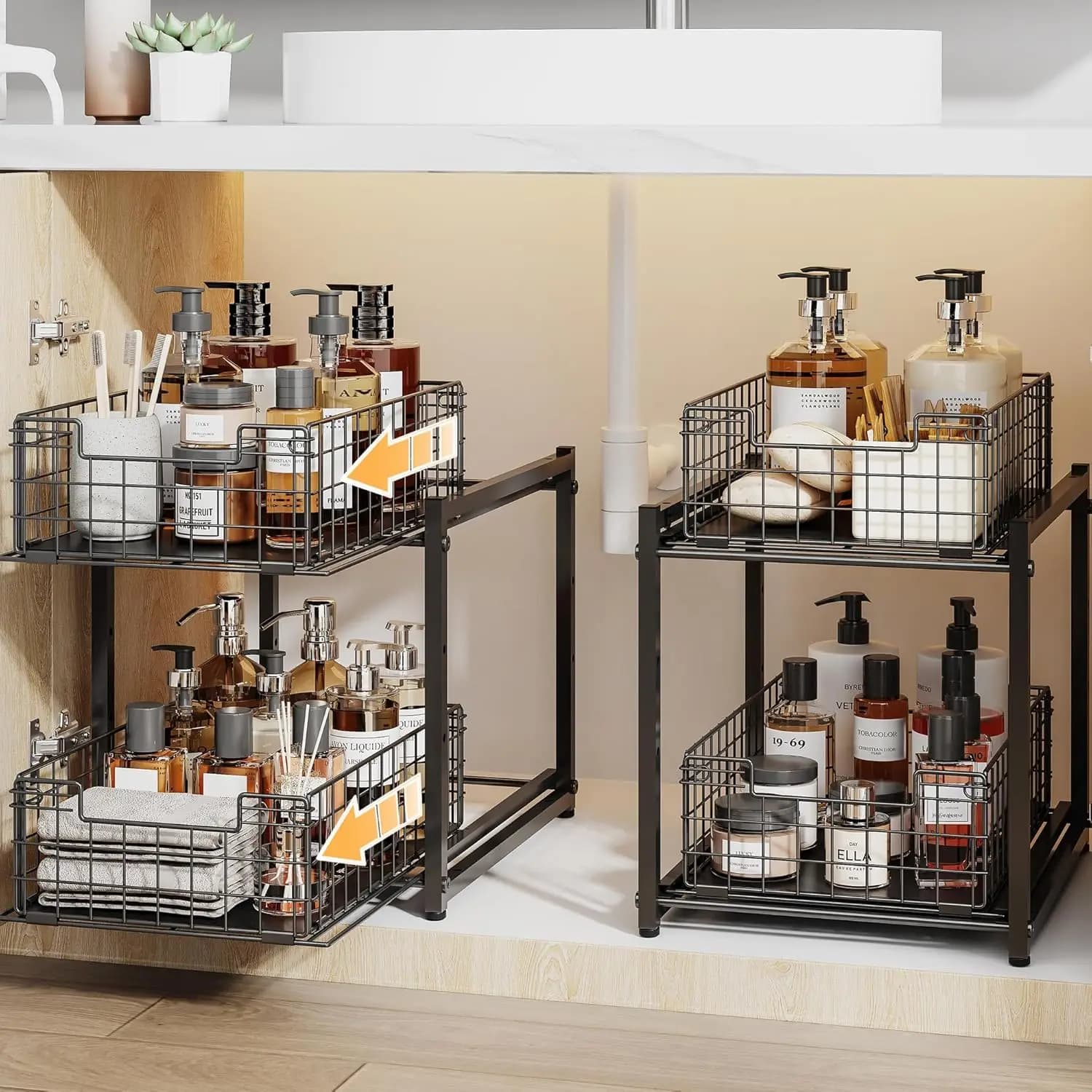 Organizzatore Sottolavello, Mobiletto Estraibile a 2 Livelli per Cucina e Bagno, Ripiani Scorrevoli Multiuso, Confezione da 2