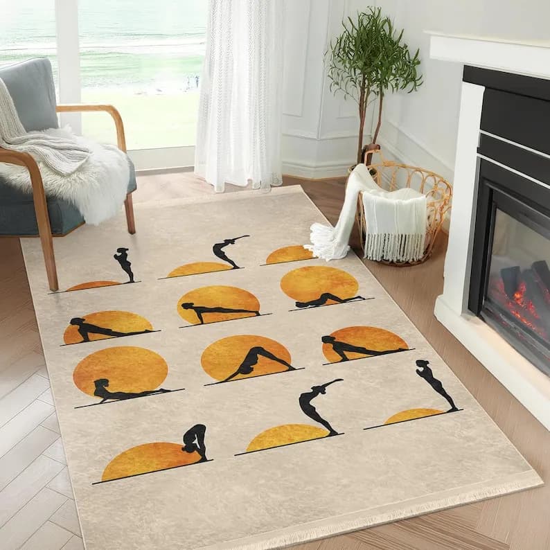 Tappetino da yoga al tramonto Tappeto a tema yoga Tappeto da meditazione Tappetino Boho Tappeto artistico decorativo per consapevolezza per la pratica domestica