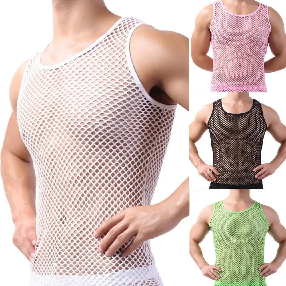 Canottiere a rete da uomo Sexy canotte a rete canottiere da notte trasparenti top intimo maschile canottiere senza maniche canottiere da uomo intimo maschile