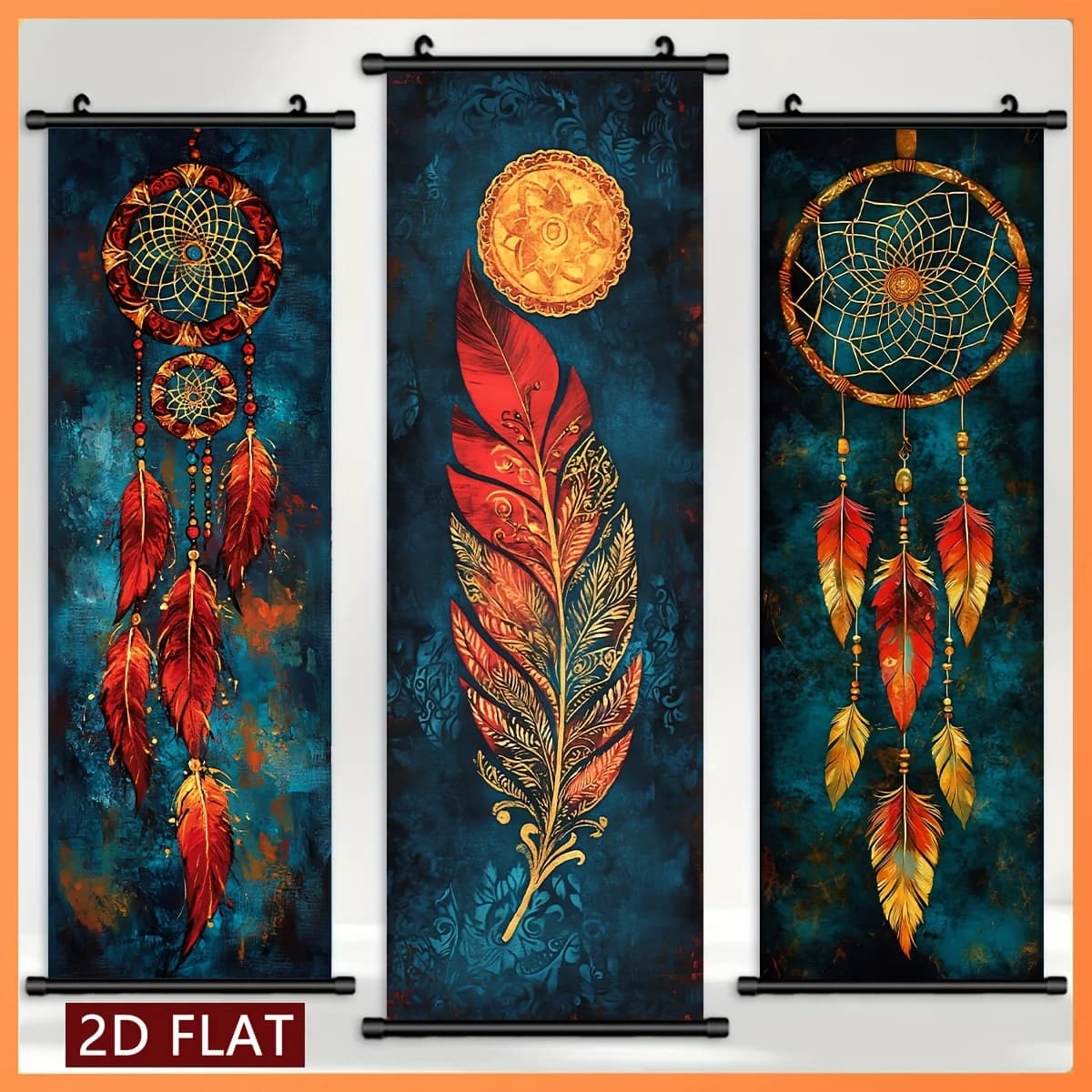 VIKAMA Bohemian Dreamcatcher Feather Triptych Wall Scroll Poster Boho Canvas Art Print Hanging Painting Room Aesthetic
