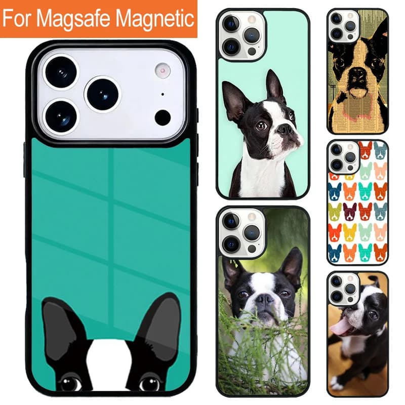 Cover Magnetica Wireless per iPhone con Stampa Viso di Cane Boston Terrier, Compatibile con MagSafe, per iPhone 17 Pro 16 15 13 12 11 Pro Max Air 14 Plus