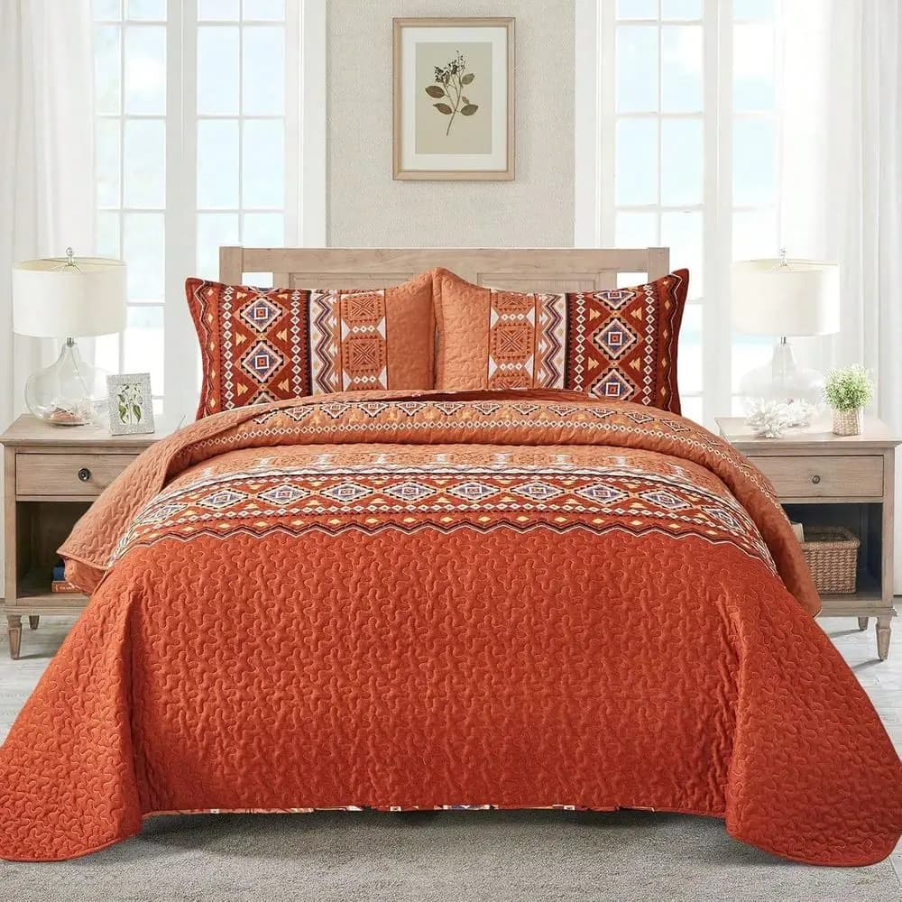Pieces Orange Striped Quilt Set Queen King California King Boho Bedspread Coverlet Set ,Soft Lightweight Microfiber Floral Patte