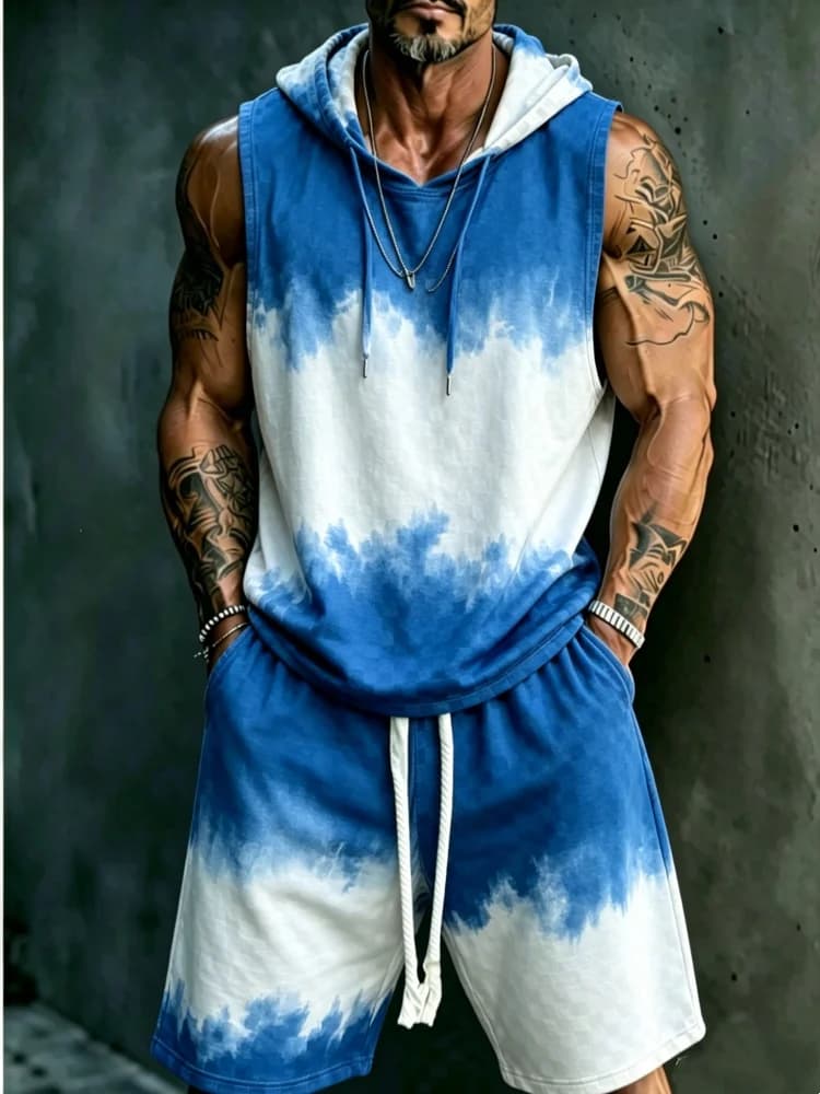 Set Canotta con Cappuccio e Pantaloncini Senza Maniche da Uomo, Comodo e Casual, Blu e Bianco Tie-Dye, Stile Streetwear