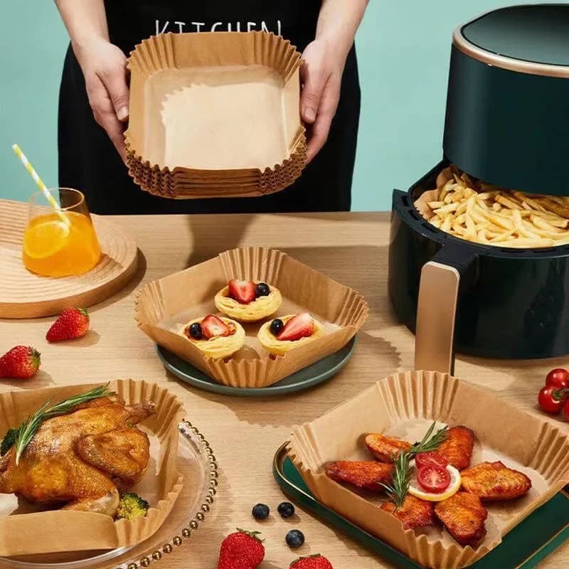 50/100 Pezzi di Carta Quadrata Monouso per Friggitrice ad Aria, Carta da Forno Impermeabile e Antiaderente, Carta da Cucina per Alimenti