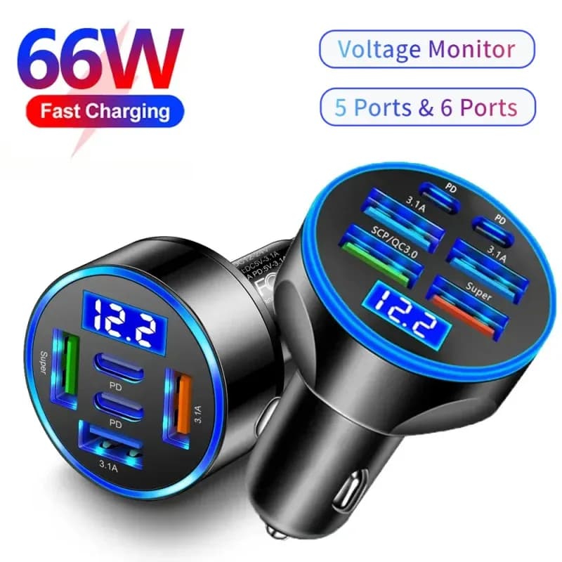 Caricabatteria da auto USB da 66 W 5/6 porte Caricabatterie di monitoraggio con display digitale a ricarica rapida per iPhone Samsung Xiaomi Adattatore per accendisigari