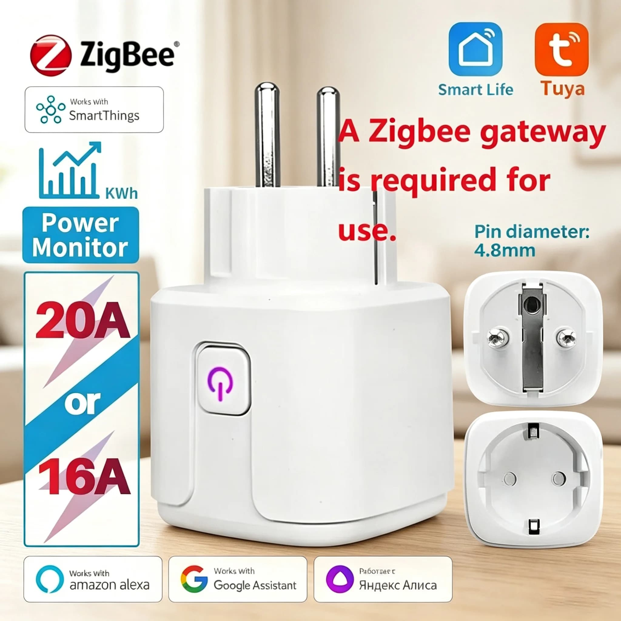 Presa intelligente Tuya Zigbee 16A/20A EU con monitoraggio della potenza, funzione timer e controllo vocale per Alexa, Google Home e Yandex