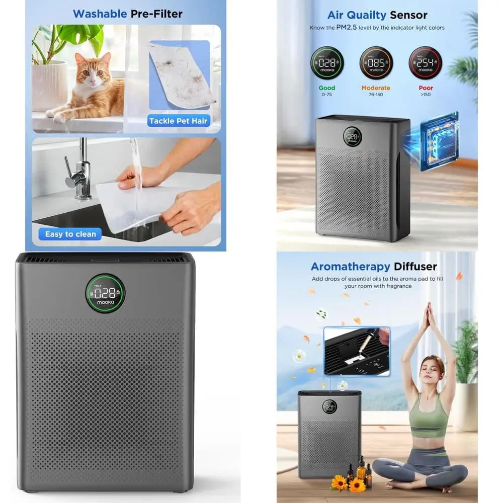 Purificatore d'Aria per Grandi Ambienti con Filtro Lavabile, Adatto per Animali Domestici e Uffici, Display PM2.5
