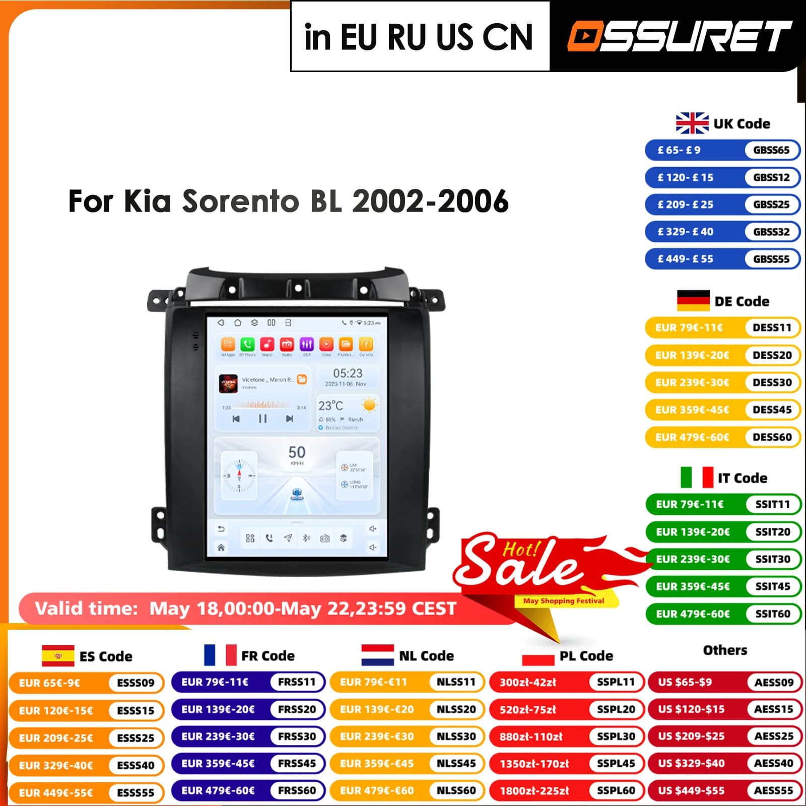 Autoradio Android con Schermo Stile 9.7, Qualcomm 8-Core, CarPlay, Android Auto per Kia Sorento BL 2002-2006, GPS, WIFI, AI, BT