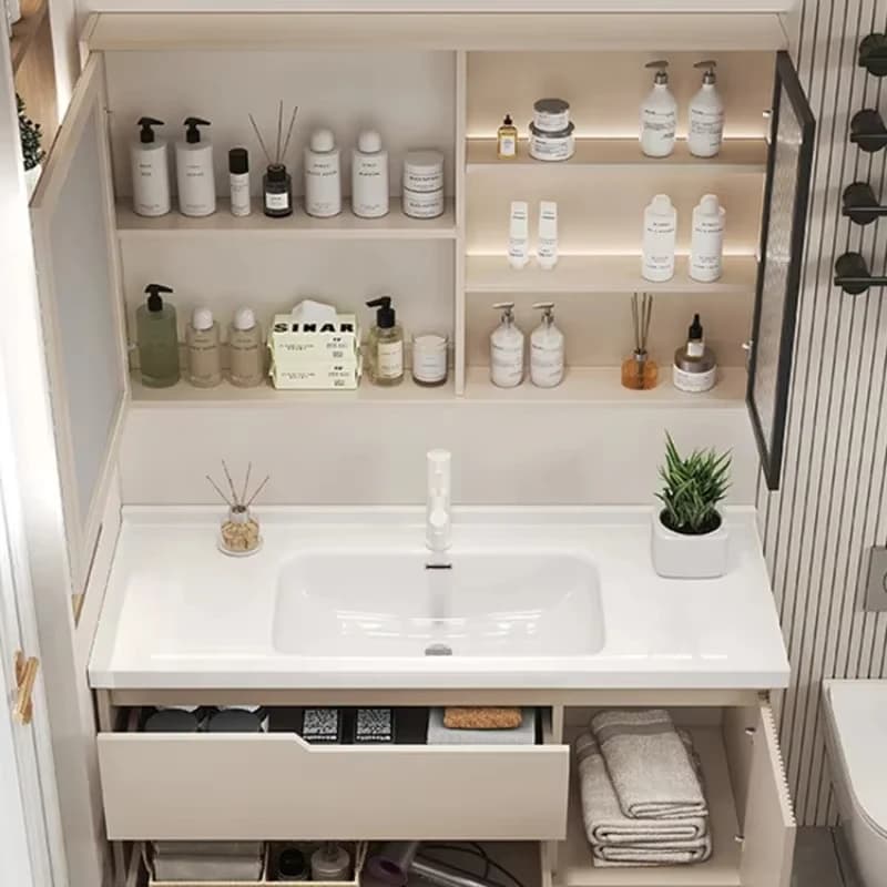 Mobile bagno con lavabo e specchio integrati, design a lastra curvata a caldo, per arredamento casa e decorazioni.