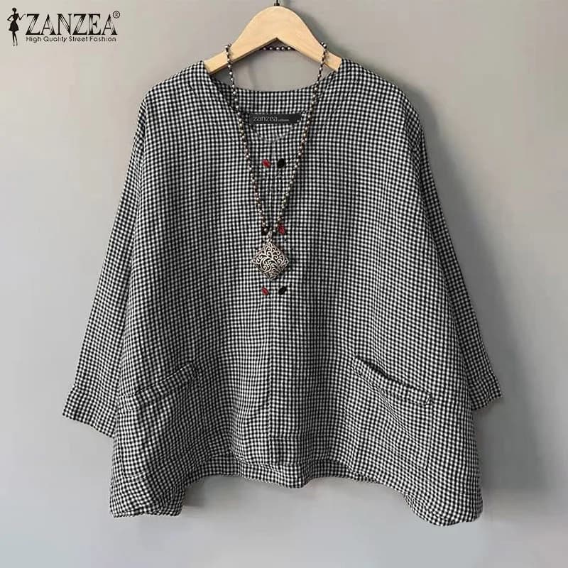 ZANZEA 2025 Camicia Autunno Moda Tunica Casual Allentato Camicetta da donna A quadri Stampato Tasca Manica 3/4 Girocollo Top Blusas Femme