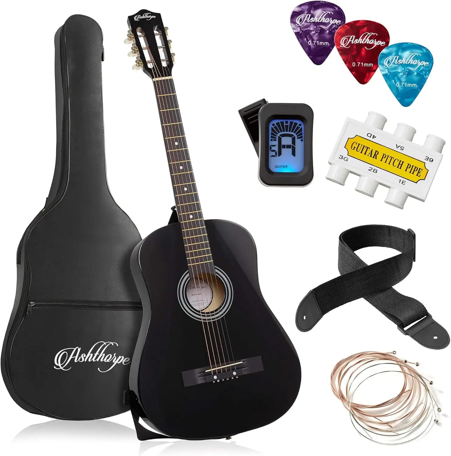 Pacchetto Chitarra Acustica per Principianti da 38 Pollici in Nero, Include Borsa per il Trasporto, Corde, Tracolla, Accordatore, Flauto di Prova e Plettri