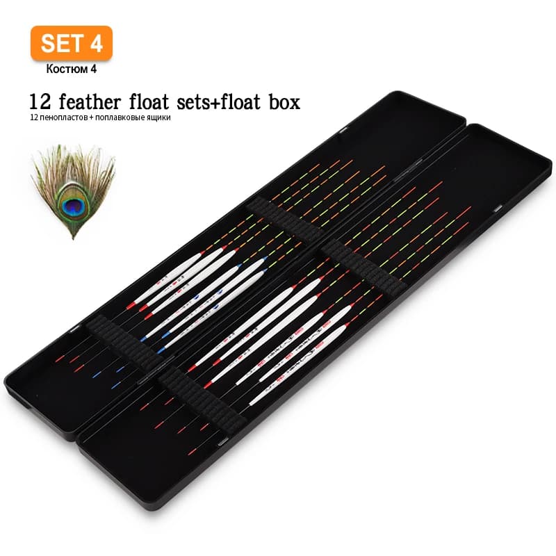 12PCS Piuma Galleggianti + 1 Scatola Galleggiante Combo Lago Fiume Boa Affrontare Sensibile Verticale Bobber Da Pesca Coda Dura Galleggiante Strumento Accessori