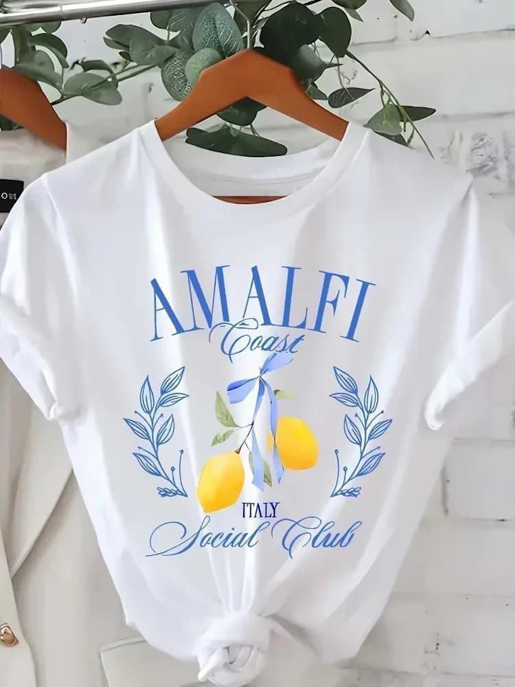 T Shirt Lemon Print T-shirt Short Sleeve Crew Neck Casual Top for Summer Spring Women's Clothing Tee