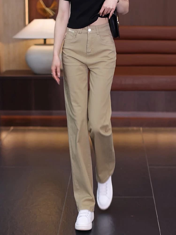 Jeans a Gamba Dritta Color Kaki per Donna, Vita Alta, Slim Fit, Casual, Pantaloni a Gamba Larga, Eleganti e alla Moda per Primavera e Autunno