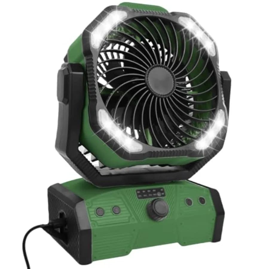 Ventilatore da Campeggio 30000mAh con Luce LED, 70 Ore di Autonomia Massima, Ventilatore USB Portatile Ricaricabile Senza Fili per Tenda e Scrivania con Telecomando e Gancio, Testa Orientabile