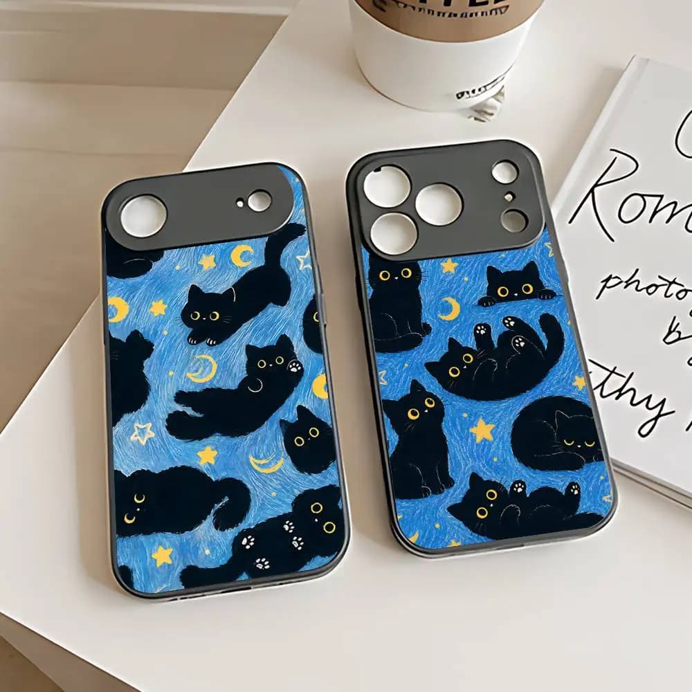 Air Moon Stars And Black Cats Luxury Liquid Silicone Phone Case For IPhone 17 16 15 13 14 Pro Max 11Plus Max 12mini