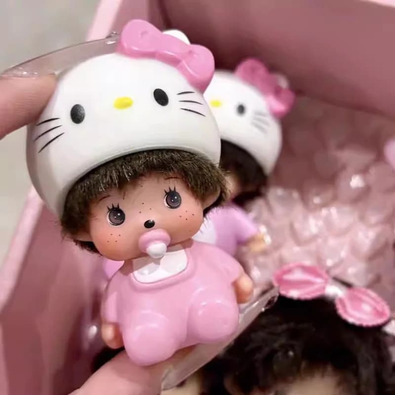 Keyring Monchiki, Ornament Kawai Hello Kitty, Hanging Pendant for Backpack, Monchhichi Keyring, Ornament Monchhichi Hello Kitty