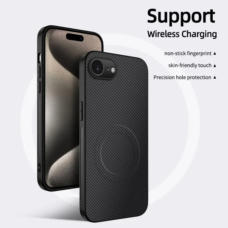 Custodia Magnetica Wireless Antiurto con Texture in Fibra di Carbonio per iPhone 17E 16E 5G