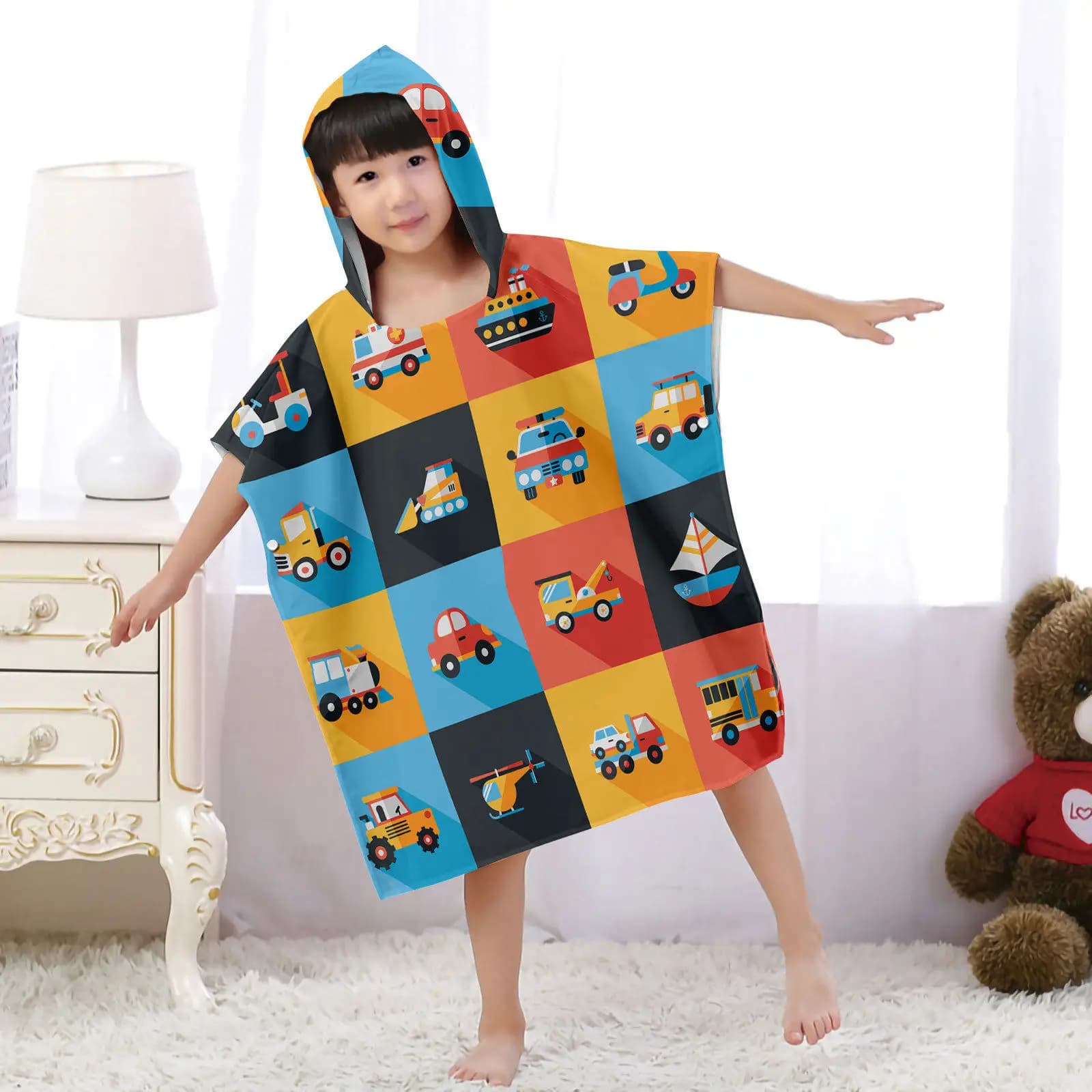 Asciugamano con Cappuccio per Bambini Serie Auto, Accappatoio da Bagno ad Asciugatura Rapida e Assorbente per Ragazzi, Asciugamano da Spiaggia Indossabile