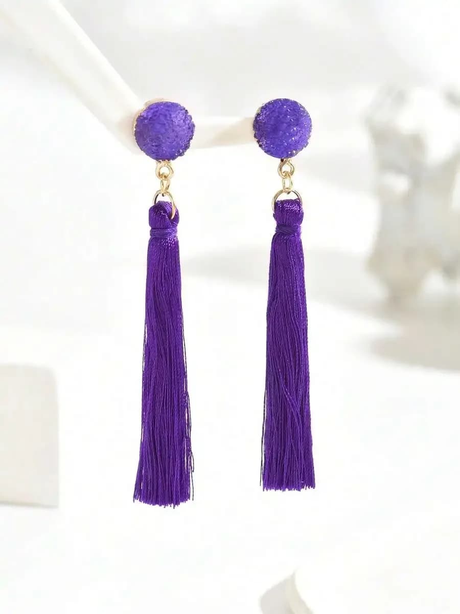 Purple Faux Stone Long Tassel Drop Earrings For Women
