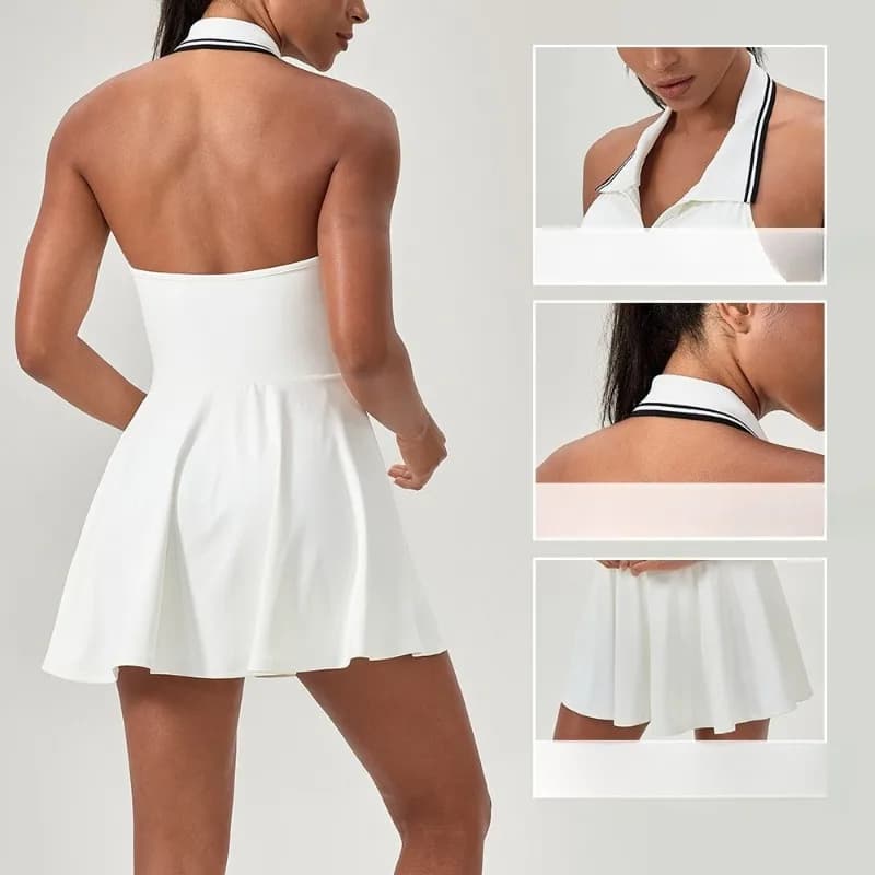 Abito da tennis sportivo da donna stile europeo-americano, tuta fitness con scollo all'americana, color block, essenziale per il golf