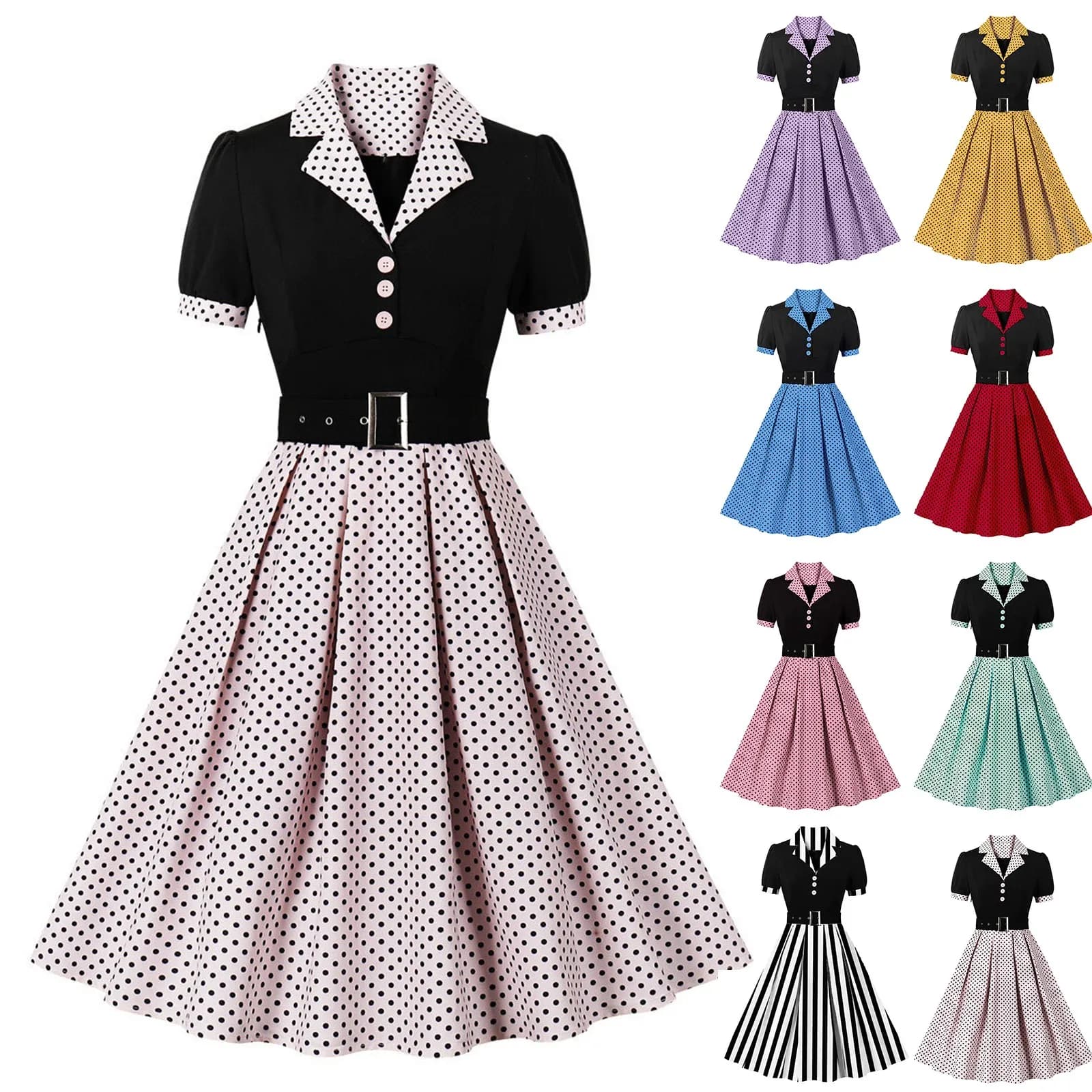 Tonval Dresses vintage black and polka dots Dentellated collar Elegant summer dress for women with short sleeves with belt retro dress from 50 2025