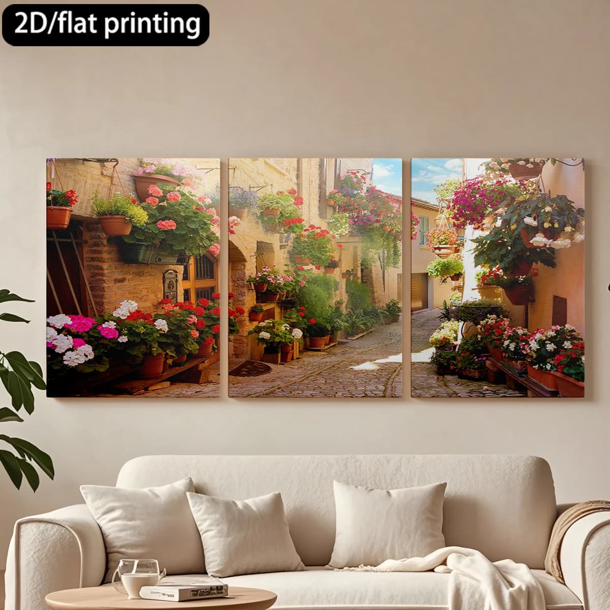 Decorative painting on canvas with wooden frame, 3 pieces. Charming alley full of flowers, delicious. Tende per camera da letto ikea.