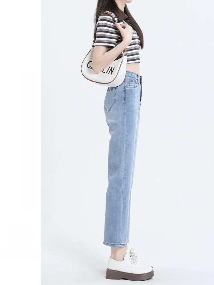 Jeans a gamba dritta a vita alta azzurri da donna, nuovi per la primavera autunno 2024, modello snellente taglie forti, pantaloni a gamba dritta a nove pezzi