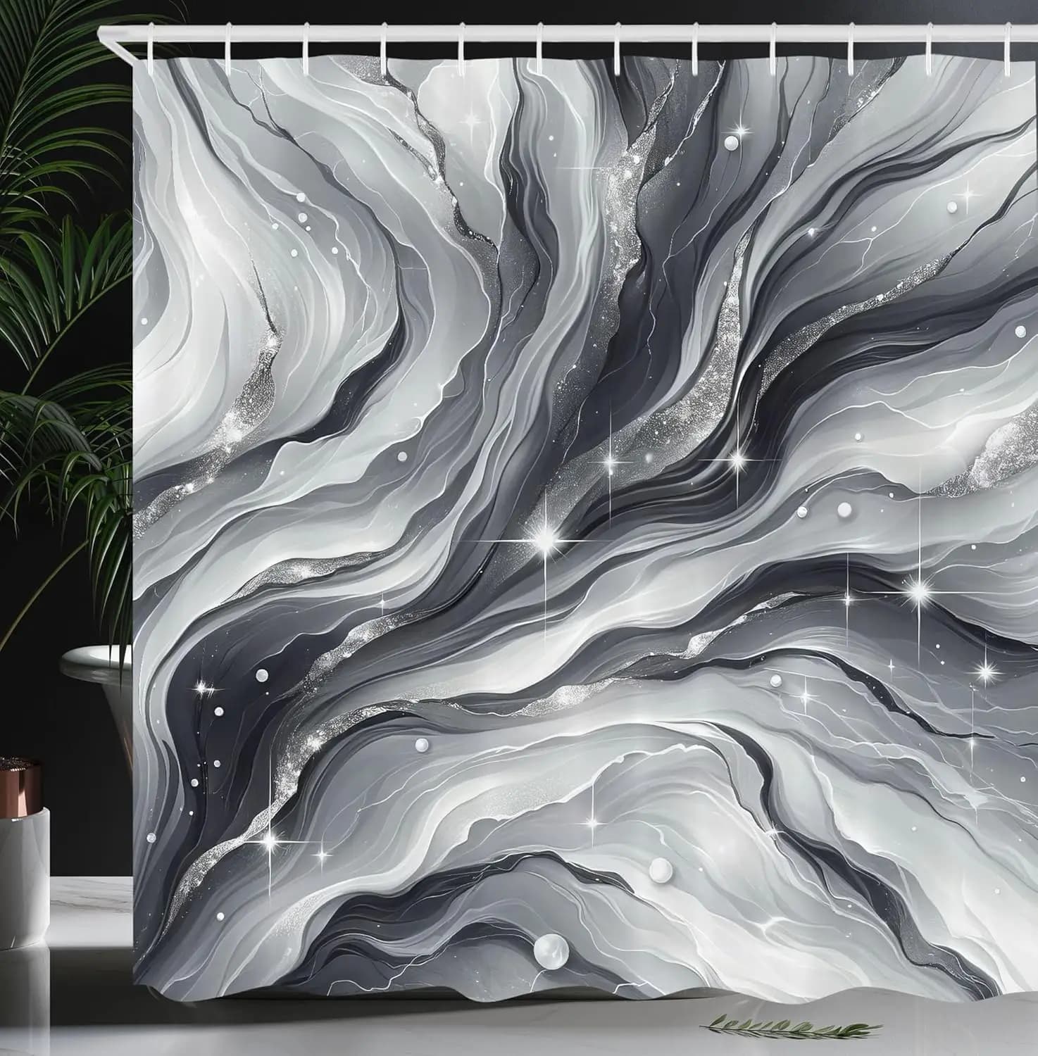 Tenda da doccia grigia, design monocromatico, spazio esterno, atmosfera stellata con nuvole e strisce vorticose, tessuto Ba