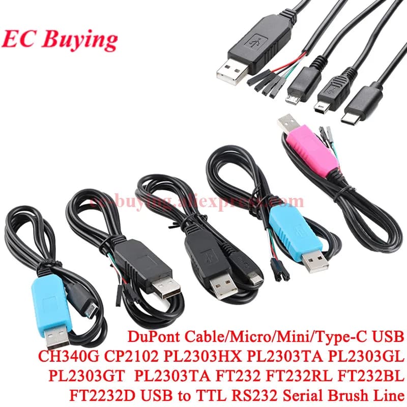 CH340 PL2303 CP2102 FT232 TYPE-C Micro Mini Cavo di linea di download Convertitore adattatore cavo spazzola seriale da USB a TTL RS232 con guscio