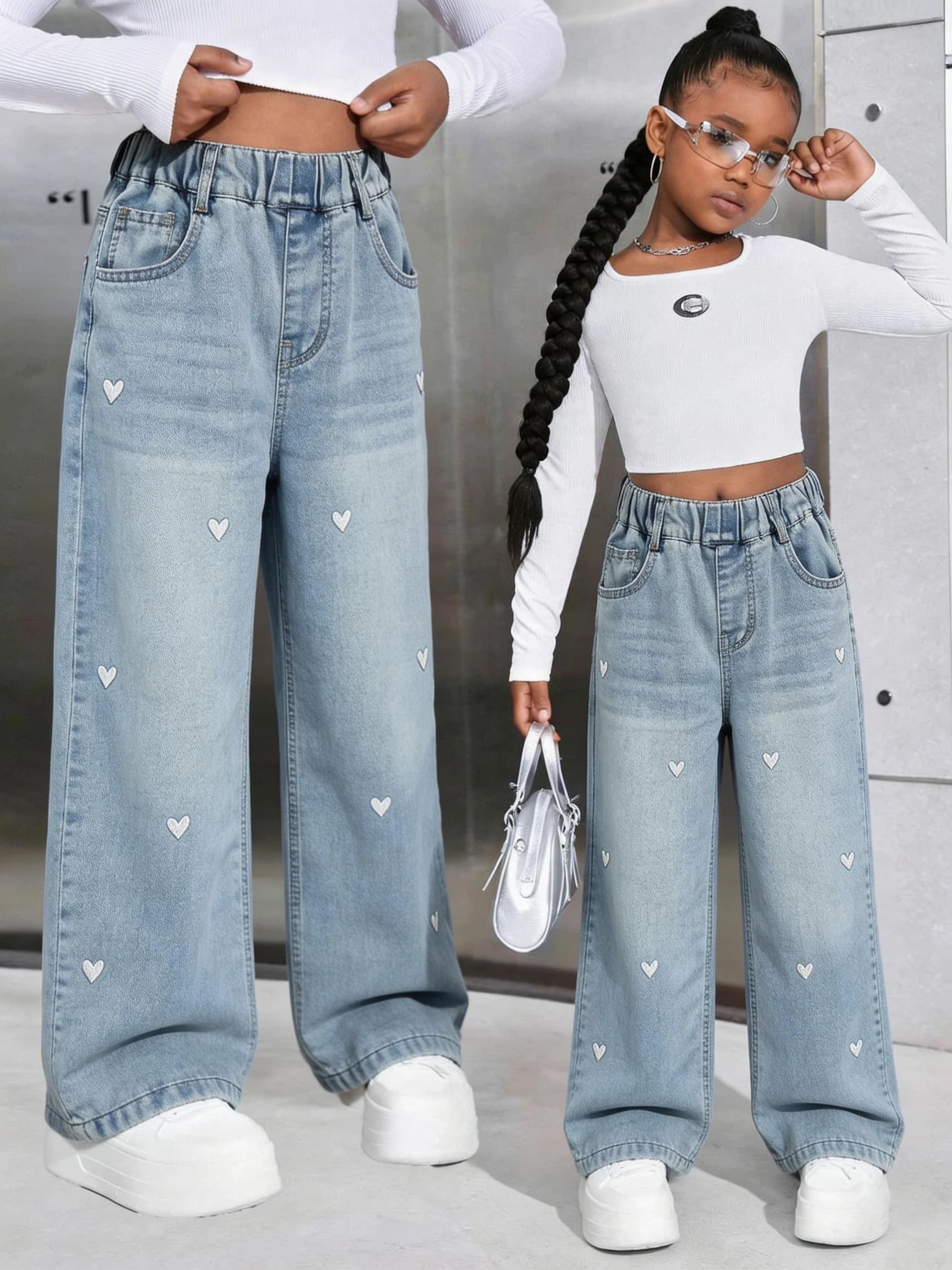 Allover White Heart Embroidered Wide Leg Jeans for Girls Light Wash Half Elastic Waist Preppy Outfit for 4th of July