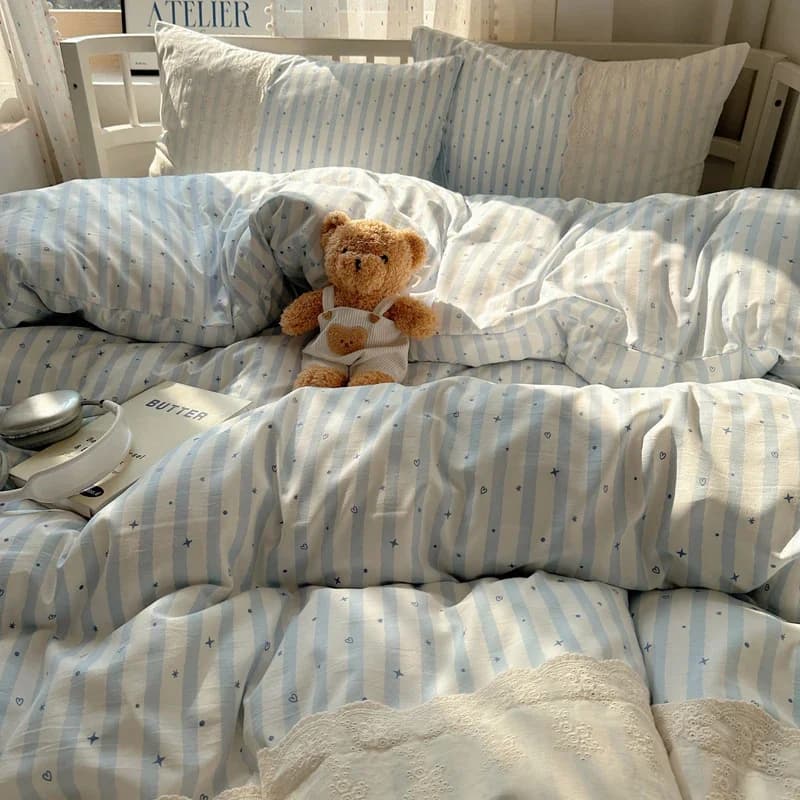 Striped Princess Bedding Set INS Nordic Girls Soft Washed Cotton Bed Flat Sheet Twin Queen Size Duvet Set Pillowcase Bed Linens