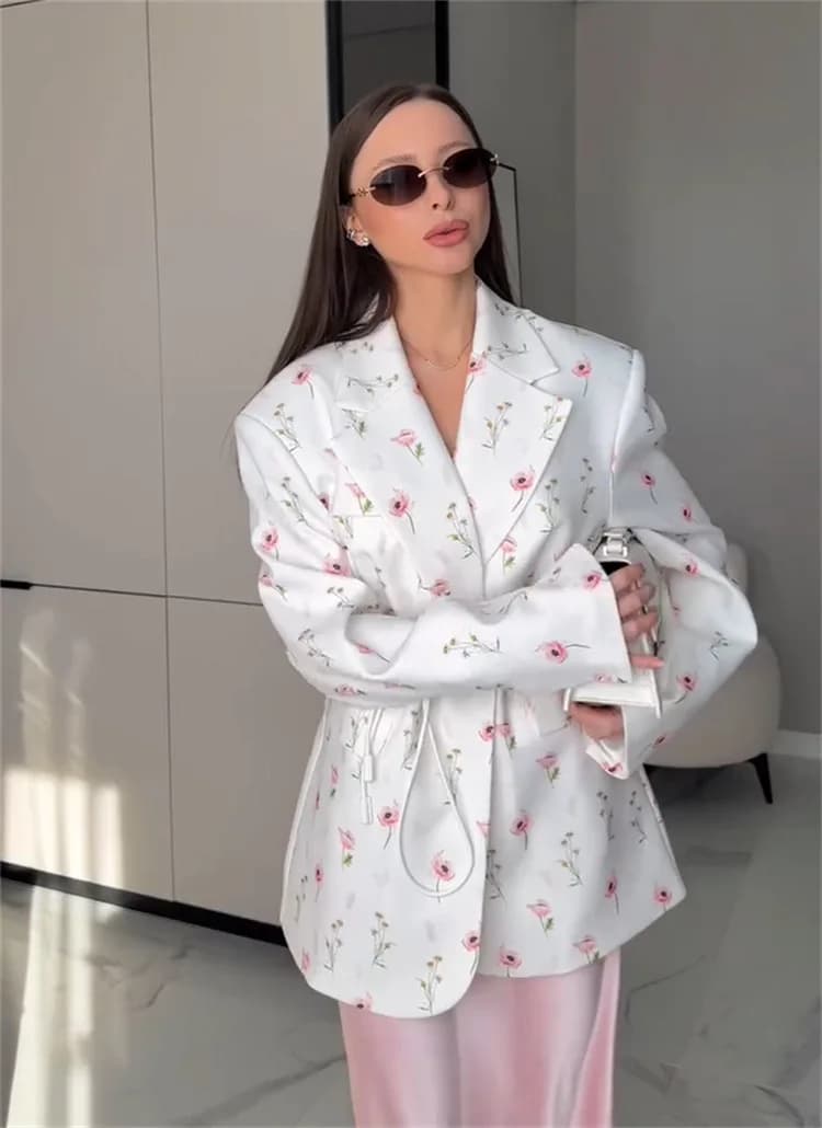 Moda donna fiore stampato blazer vita chiusa colletto rovesciato cappotti con lacci 2025 autunno nuovo elegante chic top capispalla