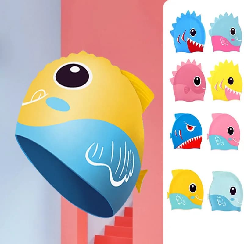 Cartoon Cute Fish Shark Shape Swim Head Silicone for Kids Protect Your Ear Bathroom Hat for Boys and Girls Pool Accessories