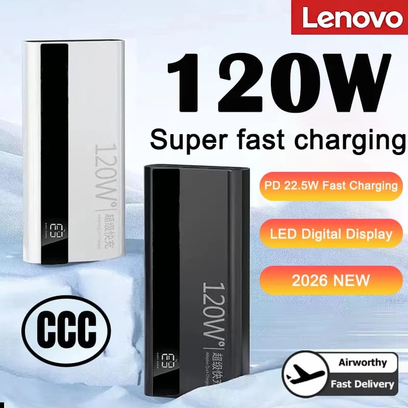 Lenovo 2026 1000000mAh Large Capacity Power Bank 120W Fast Charging Digital Display Outdoor Power Supply for Huawei iPhone