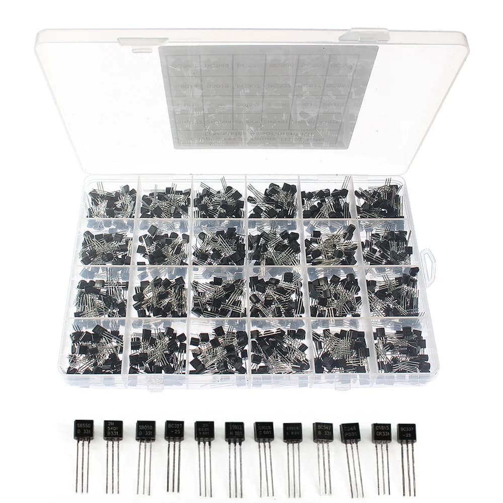 Kit di assortimento transistor TO-92 da 840 pezzi, 24 valori, inclusi 2N2222/2N3904/2N5551/BC327/BC337/BC547/BC549/BC558/S8050 per Arduino