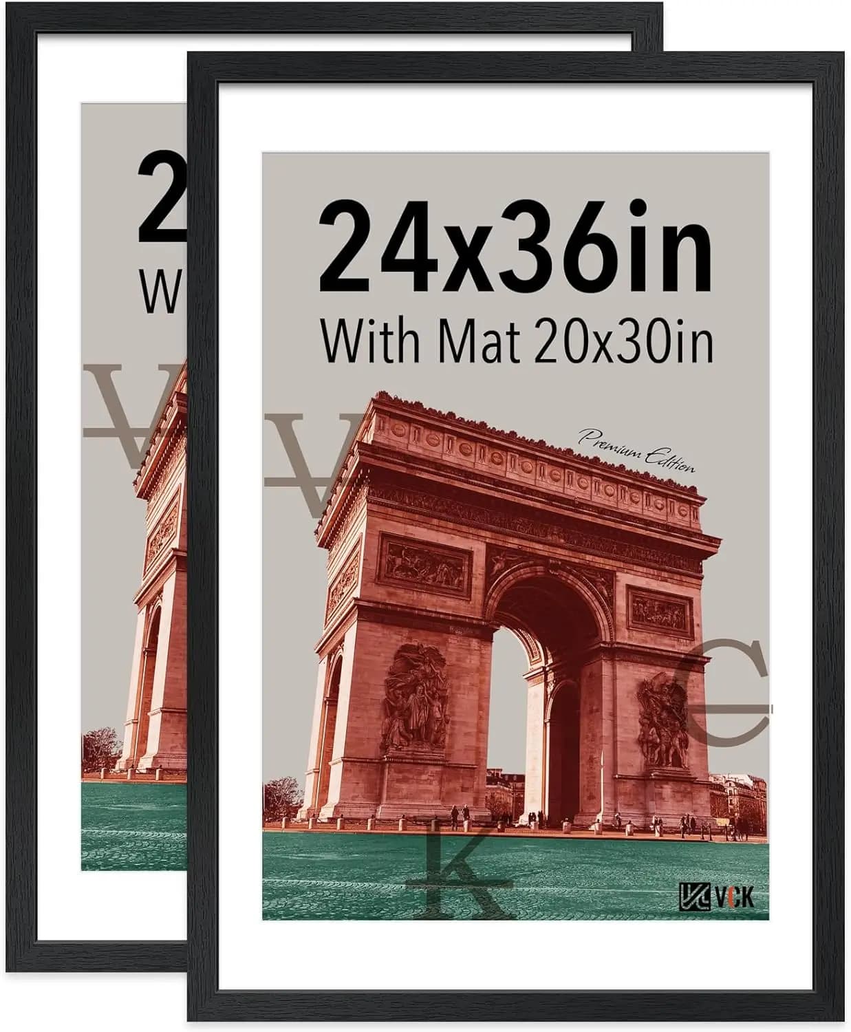 Pack of 2 frames for poster 24x36 with mat 20x30, black frame in solid wood - Horizontal/vertical display, easy to hang hardware