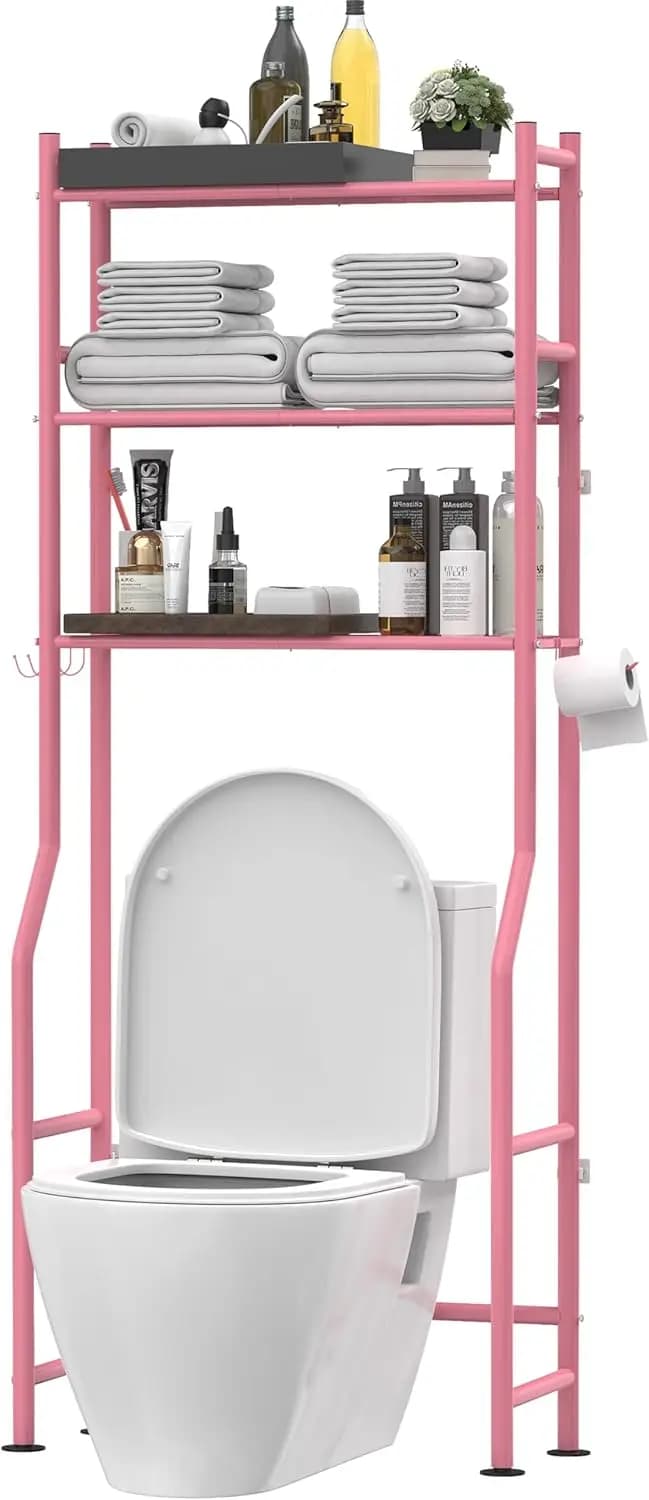 Scaffale a 3 livelli da posizionare sopra il WC, scaffali da bagno autoportanti in metallo con 4 ganci, scaffale portaoggetti sopra il WC con porta carta igienica