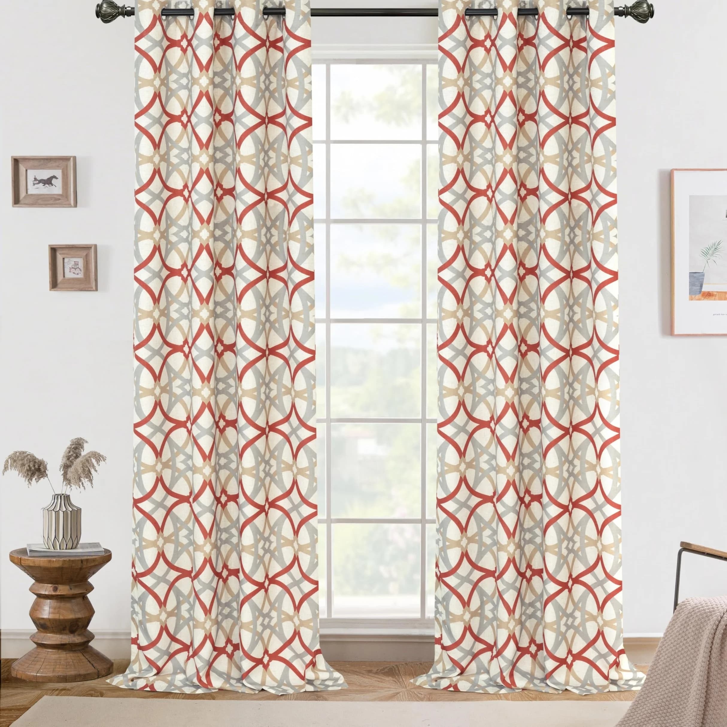 2 Panels Linen Look Geometric Pattern Blackout Curtains With Grommet Thermal Insulated