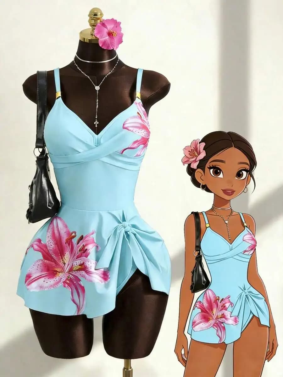 Costume da bagno con stampa floreale azzurra, spalline regolabili e dettaglio nodo, ideale per le vacanze al mare