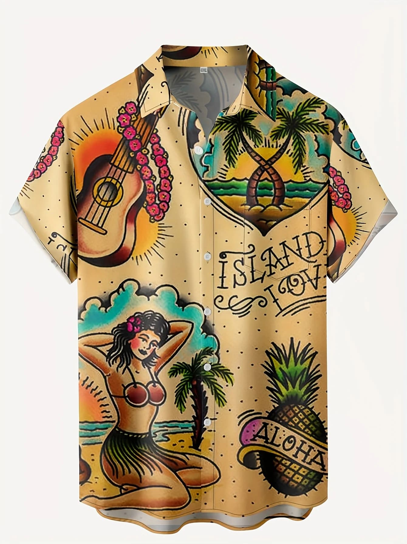 Men's Summer Retro Hula Girl Ukulele Palm Pineapple Print Hawaiian Shirt Lapel Short Sleeve Button Down Aloha Holiday Beach Top