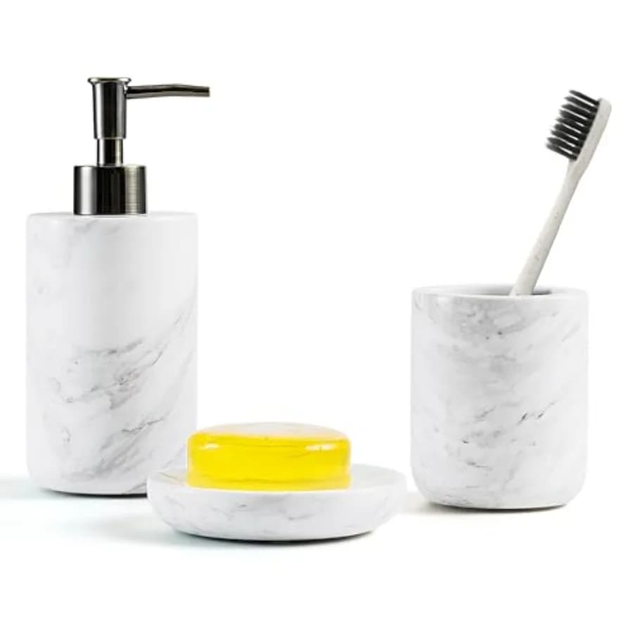 WORHE Set di accessori da bagno Set di decorazioni per il bagno in marmo naturale italiano Kit di accessori da bagno in 3 pezzi con portaspazzolino liquido
