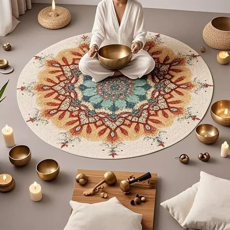 Tappeto da preghiera Tappetino antiscivolo resistente allo sporco Tappetino resistente all'usura Tappeto rotondo stile mandala per camera da letto Soggiorno Tappetini per la decorazione della casa